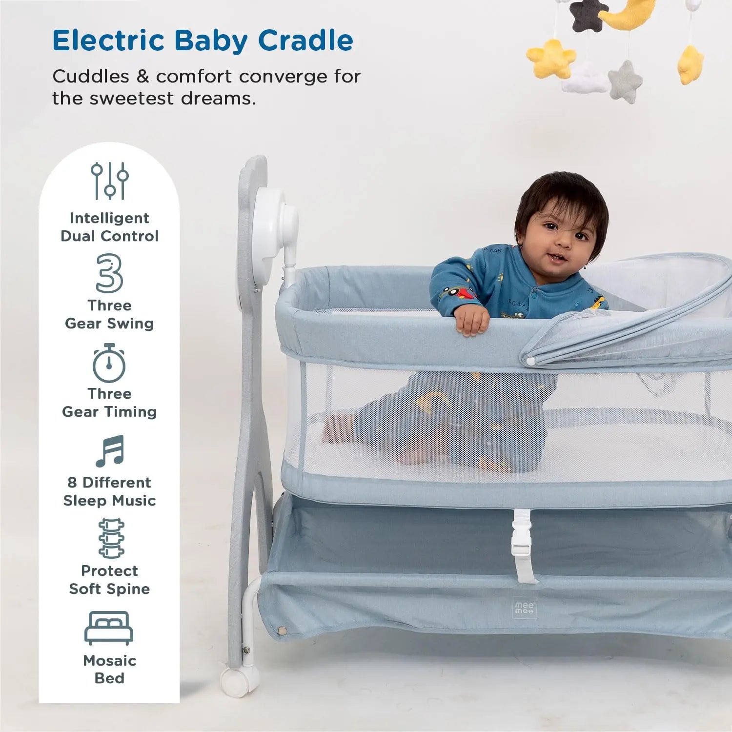 Mee Mee Wood Sweet Love Automatic Electric Cradle/Bassinet for Baby | Remote Controlled 3 Gear Swing | Lightweight Baby Cradle with Mosquito Net & Cot Mobile | Designed for 0-1.5 Years Kids (Blue) Mee Mee