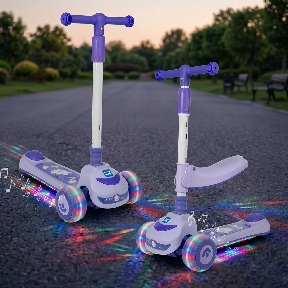 Violet Mee Mee kids scooter with and without seat, flashing light-up wheels