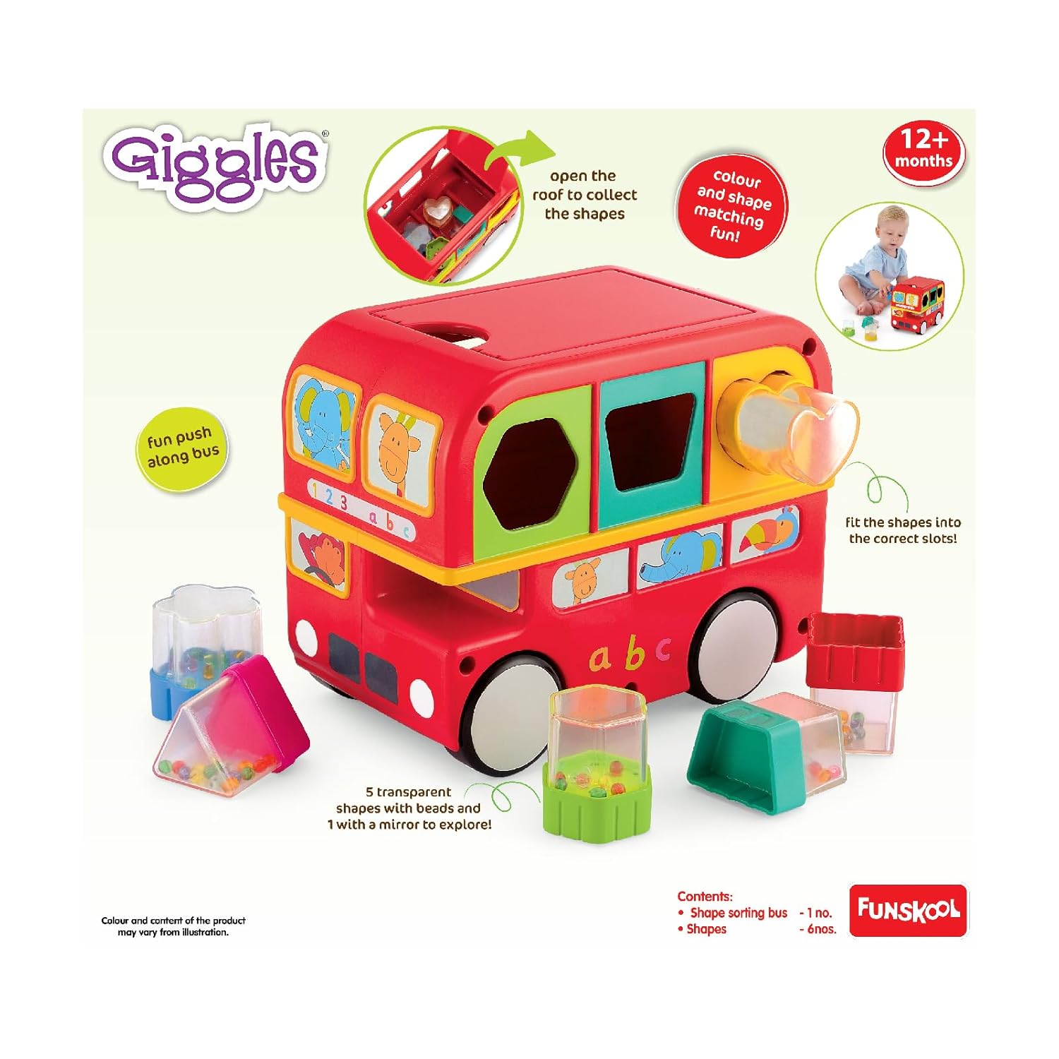 Giggles Funskool Shape Sorting Bus, Educational Push Along Toys for Kids, Encourages Learning & Development, Fun Activity for Babies, Gift Set for Kid, Age 6+ Months
