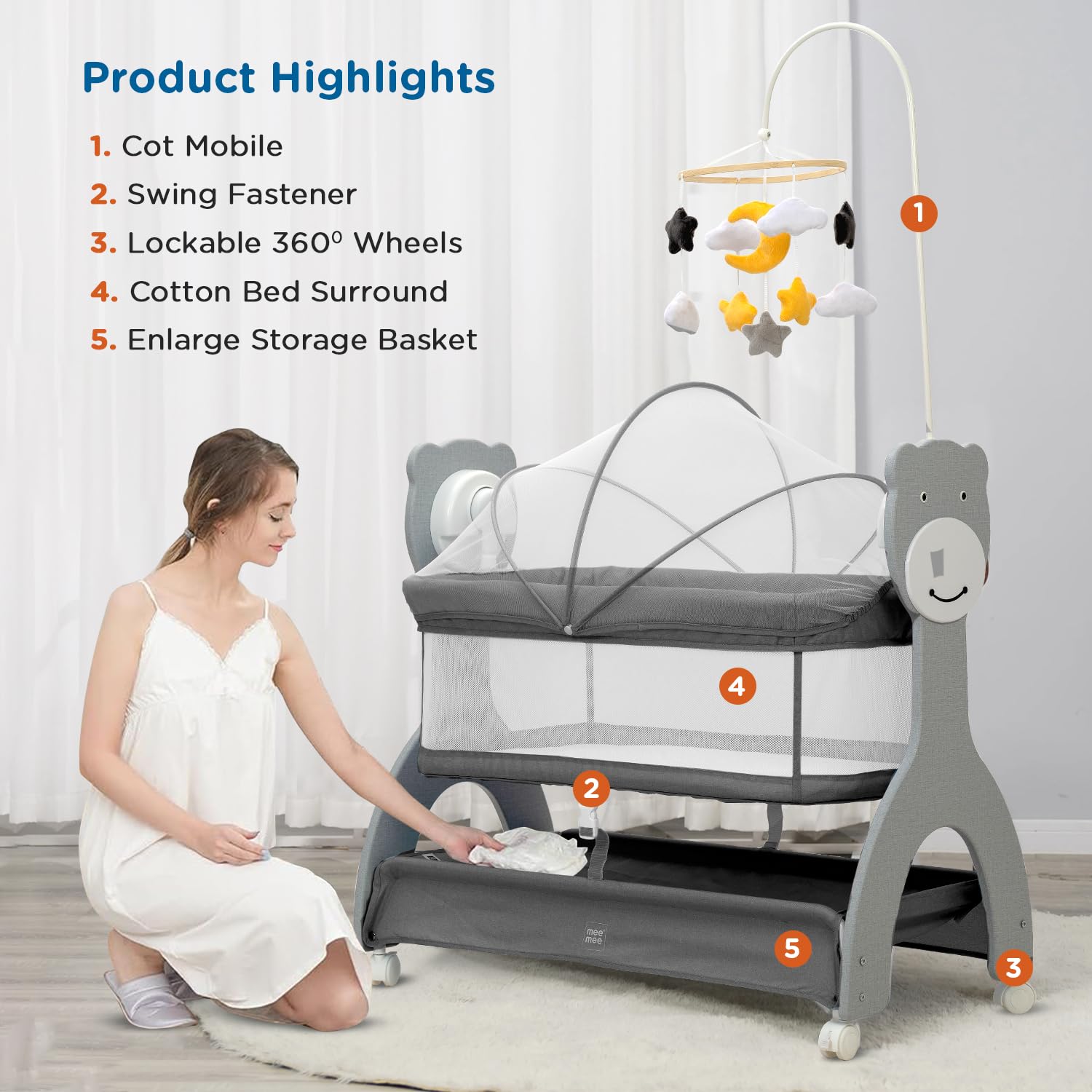 Mee Mee Sweet Love Automatic Electric Cradle for Baby | Remote Controlled 3 Gear Swing | Lightweight Baby Cot with Mosquito Net & Cot Mobile | Designed for 0-1.5 Years Kids | Carry Upto 15kgs (Grey)