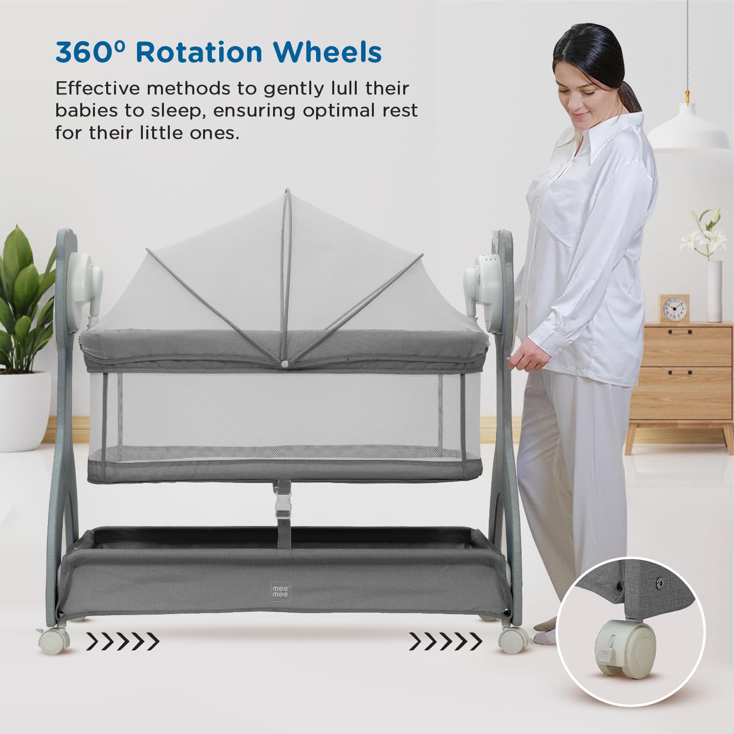 Mee Mee Sweet Love Automatic Electric Cradle for Baby | Remote Controlled 3 Gear Swing | Lightweight Baby Cot with Mosquito Net & Cot Mobile | Designed for 0-1.5 Years Kids | Carry Upto 15kgs (Grey)