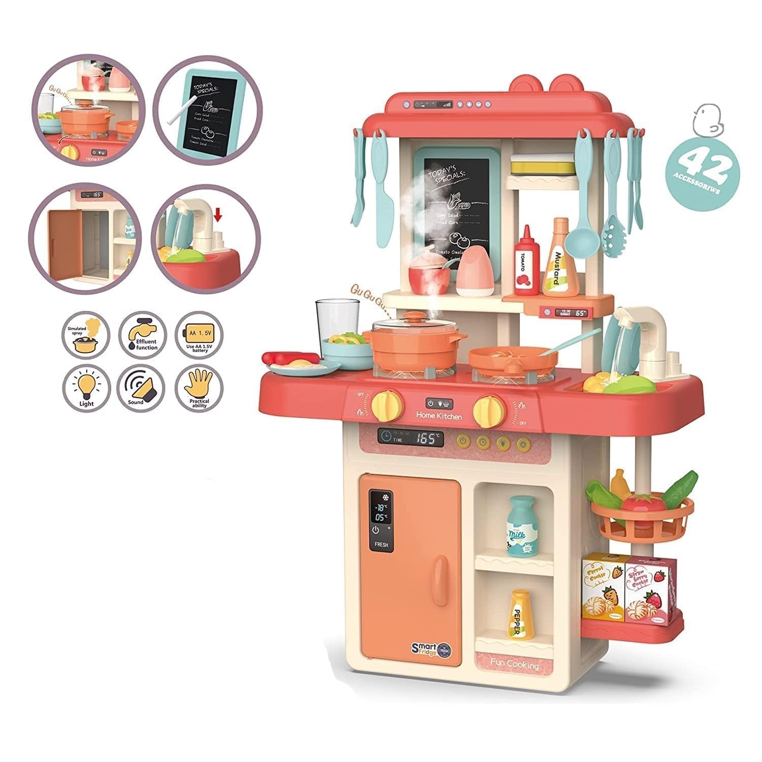 Storio Toys Kitchen Set for Kids Girls Big Cooking Set Light and Sound Pretend Play Toy Battery Operated with Accessories - Pink