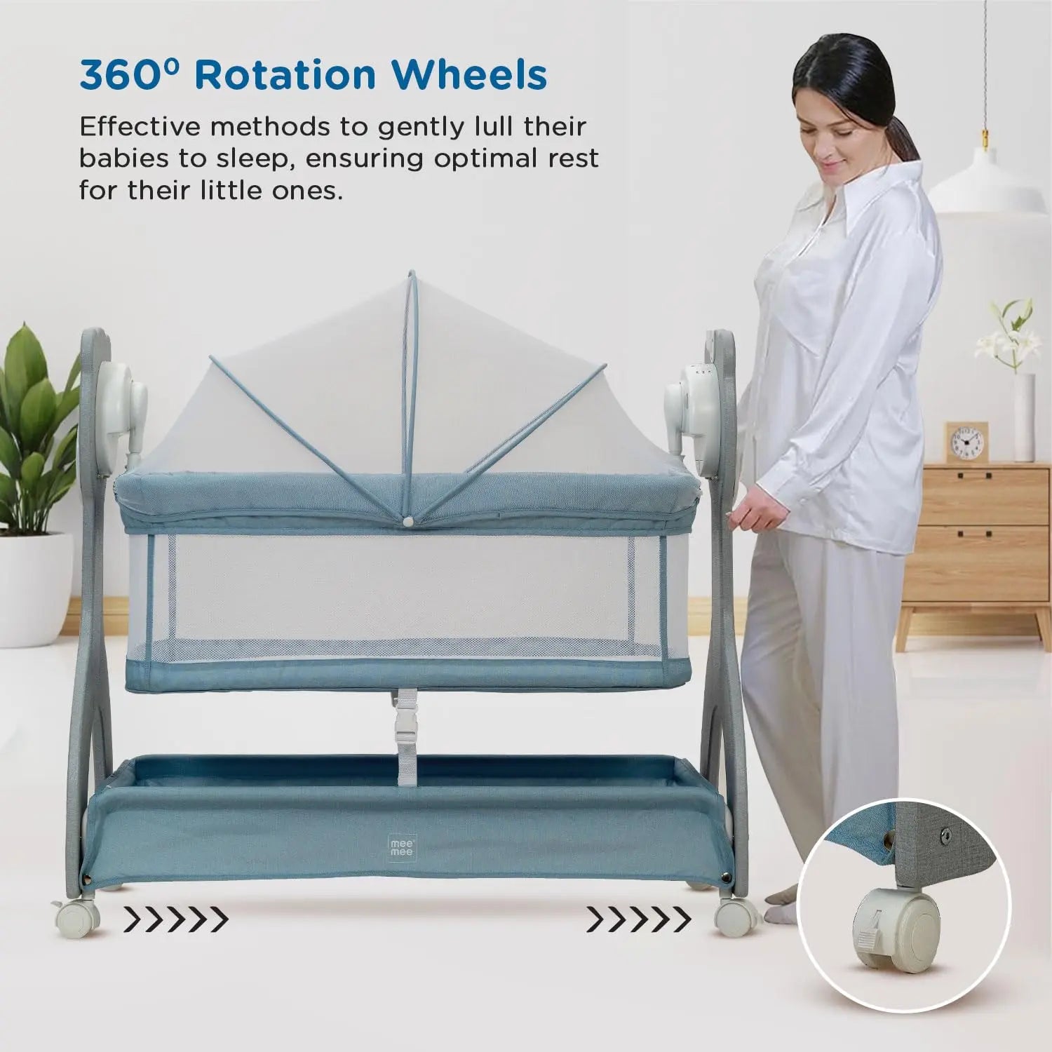 Mee Mee Wood Sweet Love Automatic Electric Cradle/Bassinet for Baby | Remote Controlled 3 Gear Swing | Lightweight Baby Cradle with Mosquito Net & Cot Mobile | Designed for 0-1.5 Years Kids (Blue) Mee Mee