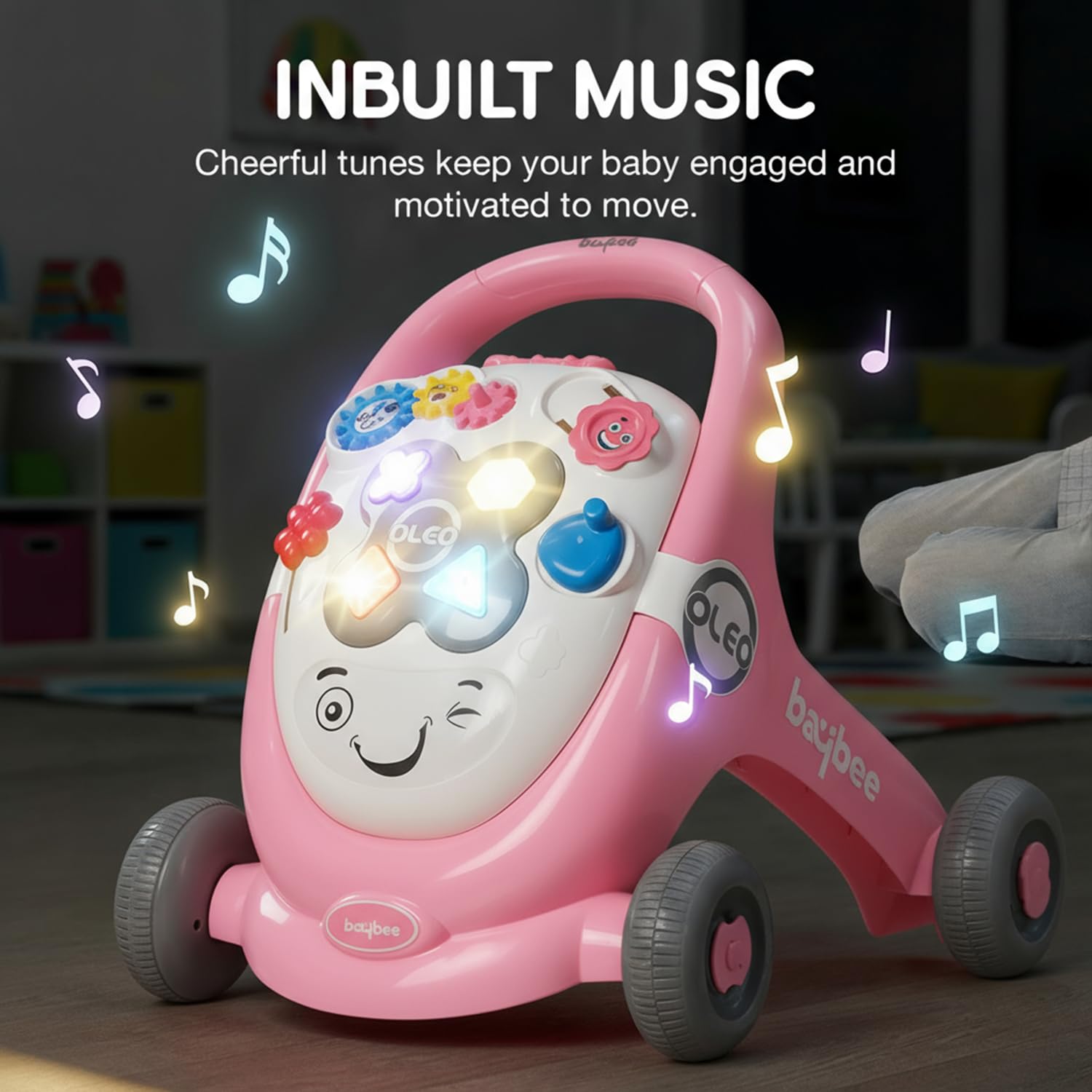 Baybee Oleo Baby Walker for Kids, Baby Activity Walker with Music, LED Light, Rotating Gears & Grip Push Handle | Kids Walker for Baby Toddlers | Baby Walker for 0 to 2 Years Boy Girl (Lite Pink)
