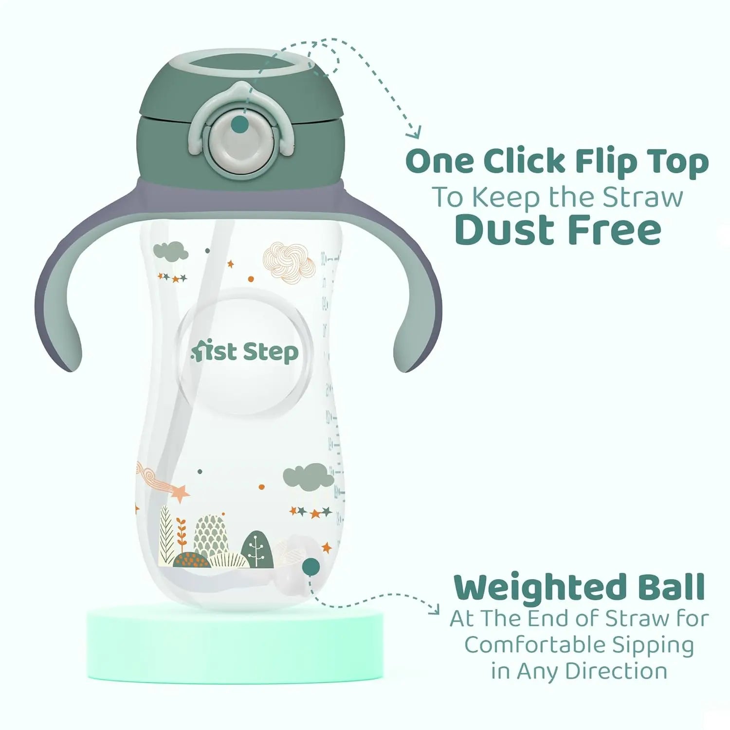 1st Step 330 ml BPA Free Anti-Spill Soft Silicone Weighted Straw Baby Sipper Cup with Twin Handle and Flip Top (6m+) - Green 1st Step