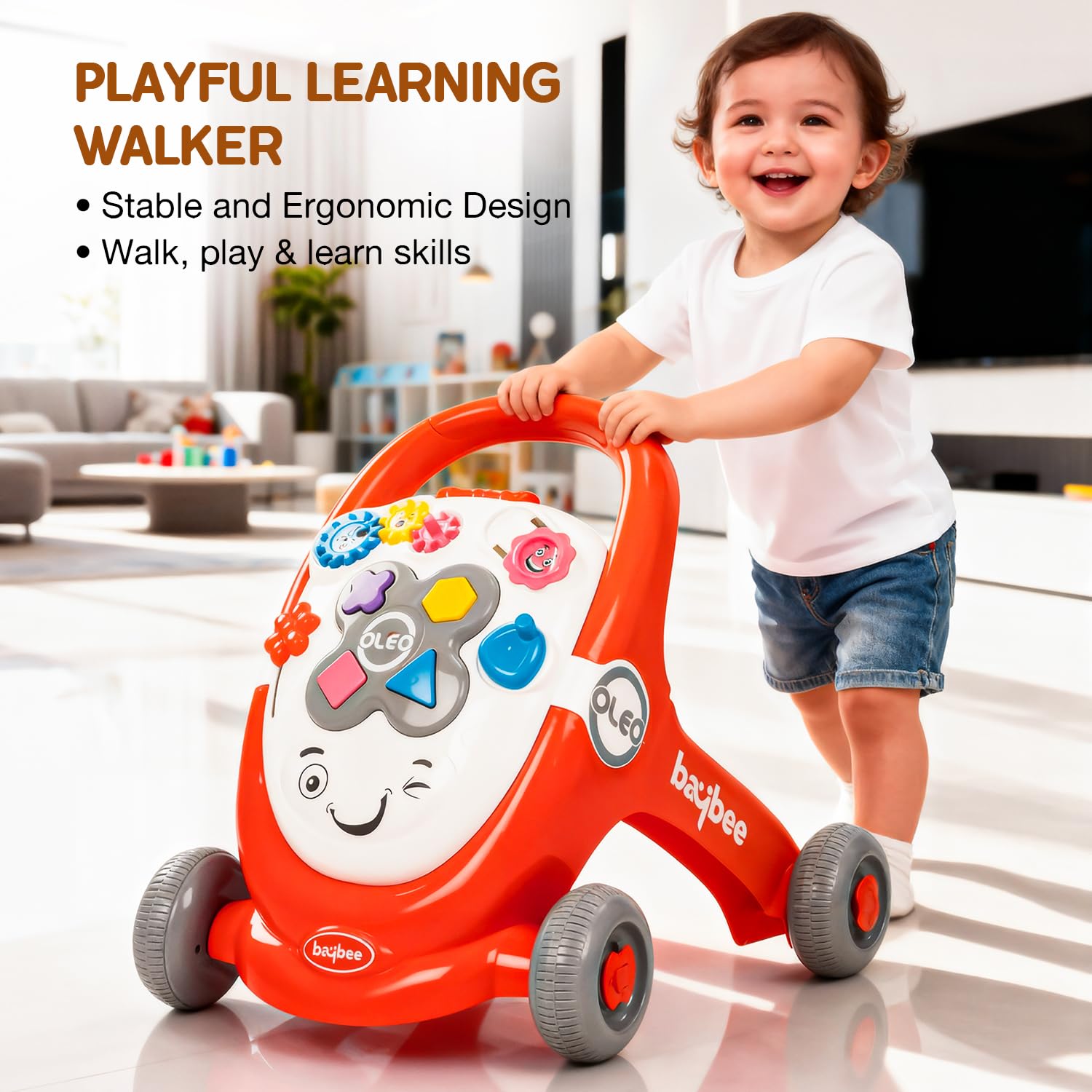 Baybee Oleo Baby Walker for Kids, Baby Activity Walker with Music, LED Light, Rotating Gears & Grip Push Handle | Kids Walker for Baby Toddlers | Baby Walker for 0 to 2 Years Boy Girl (Red)
