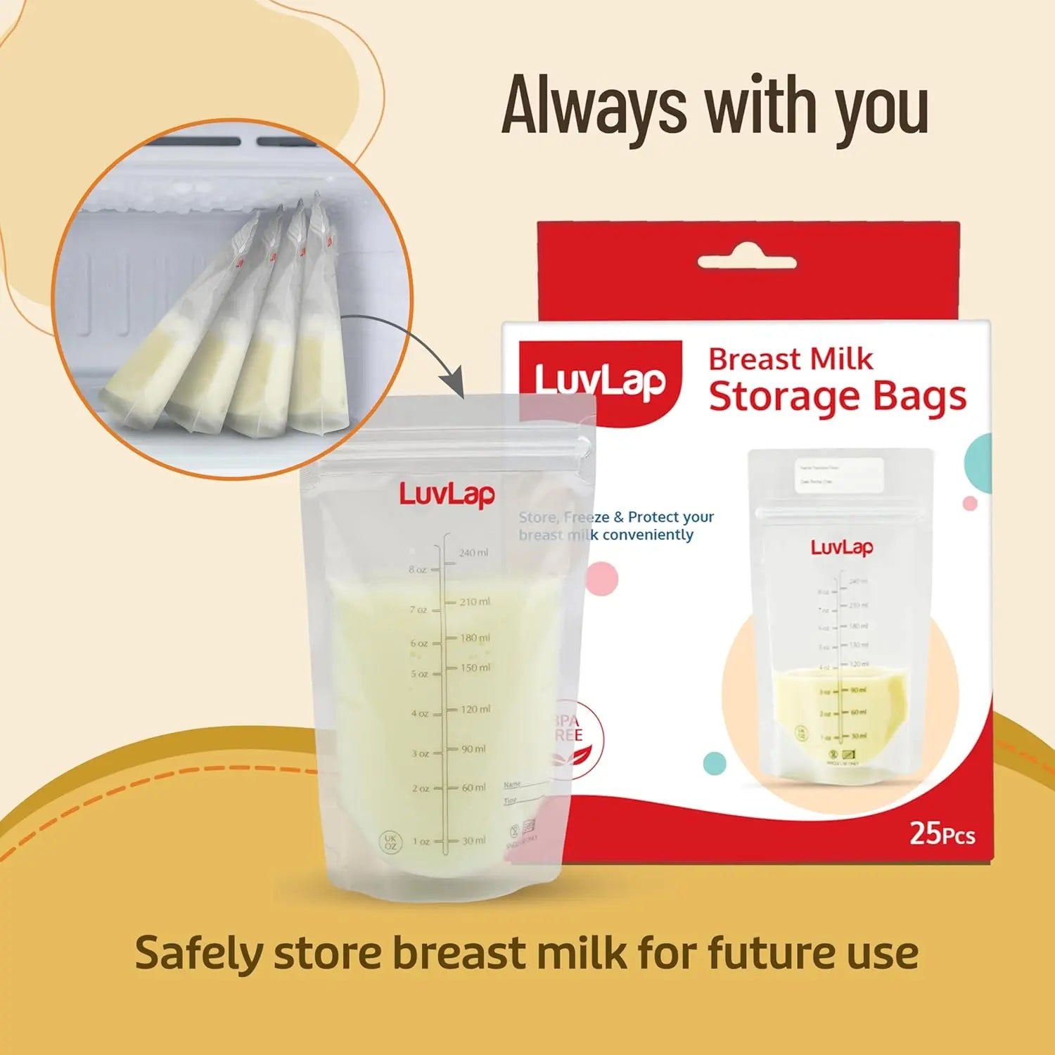 LuvLap Baby Breast Milk Storage Bags 240 ml (Pack of 25), BPA Free BPA Free Leak Proof Zip Lock Disposable Milk Freezer Bags for Breast Feeding LuvLap