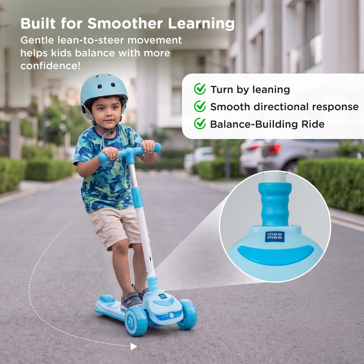 Child riding blue Mee Mee lean-to-steer kids scooter