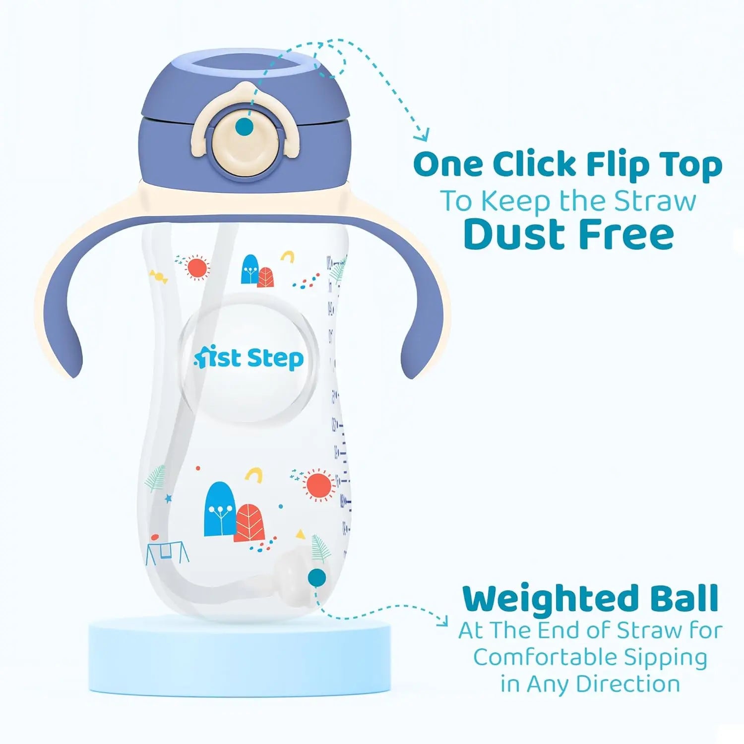 1st Step 330 ml BPA Free Anti-Spill Soft Silicone Weighted Straw Baby Sipper Cup with Twin Handle and Flip Top (6m+) - Blue 1st Step