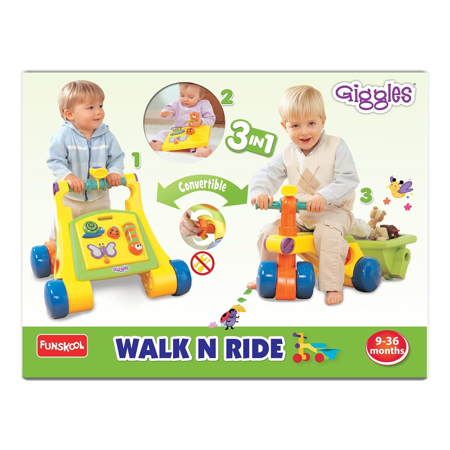Giggles Funskool Walk N Drive, 3in1 Fun & Development Activity Toy for Babies, Encourage Walking, Improve Balance & Coordination, Stimulate Senses, Multicolour, Gift Set for Kids, Ages 9+ Months
