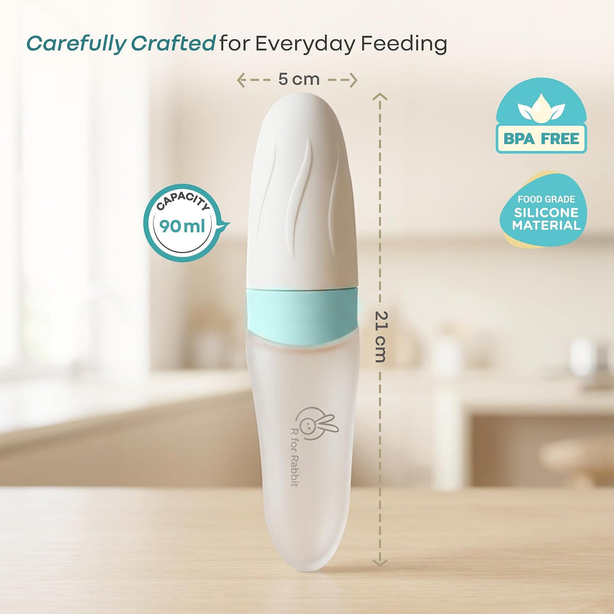 R for Rabbit First Feed Baby Food Feeder 90ml | Soft Silicone Spoon Feeder for Kids 12+ Months – Blue
