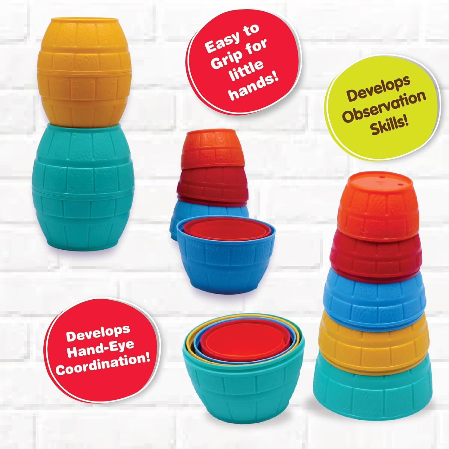 Giggles Funskool Stackable Blocks Barrels, Nesting & Stackable Toy for Kids, Encourages Learning & Development, Fun Activity for Babies, Gift Set for Kid, Age 12+ Months