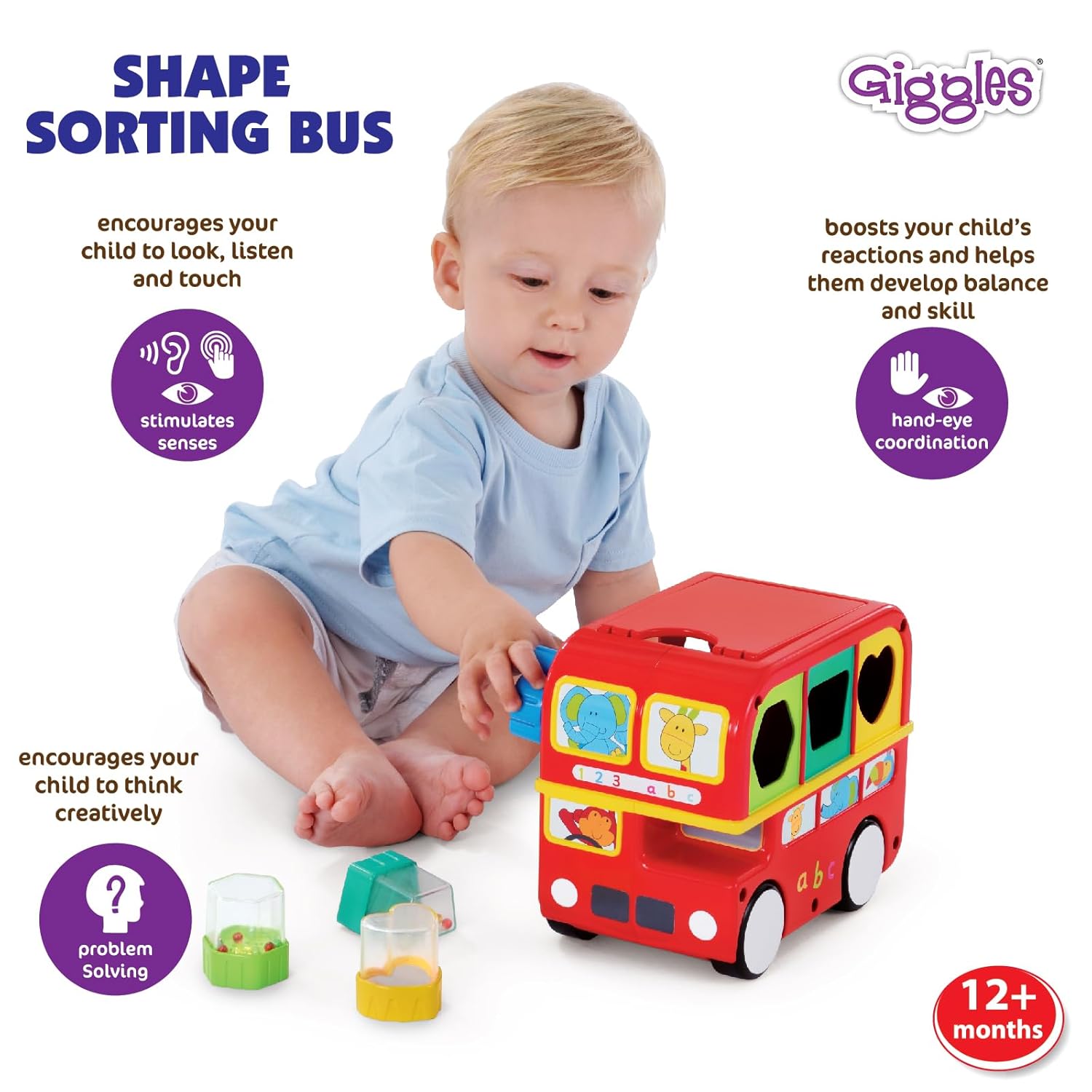 Giggles Funskool Shape Sorting Bus, Educational Push Along Toys for Kids, Encourages Learning & Development, Fun Activity for Babies, Gift Set for Kid, Age 6+ Months