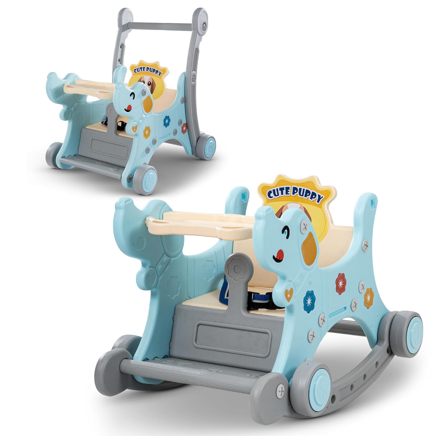 Playgro 2 In 1 Puppy Baby Rocking Chair For Kids|Baby Rocker Rider Toy For Kids With Food Tray, Seat Belt & Backrest|Baby Dining Rocking Chair For Babies Indoor Outdoor 12+months Boys Girls - Blue