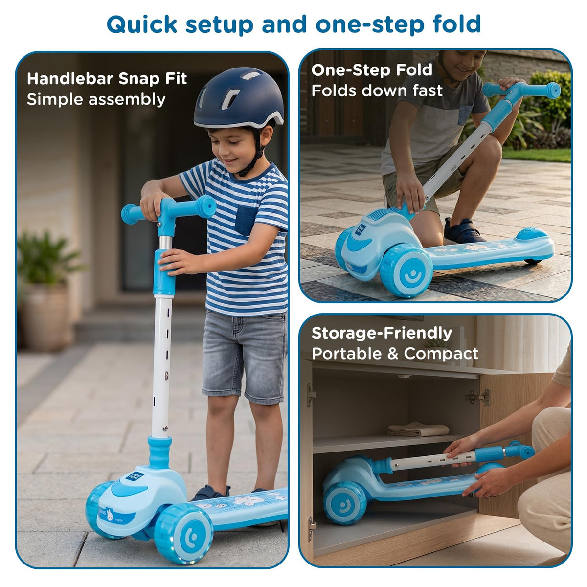Blue Mee Mee kids scooter easy assembly and one-step fold for compact storage