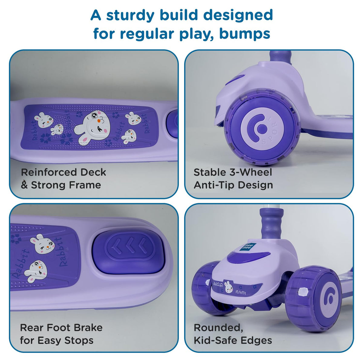 Violet Mee Mee kids scooter close-up of reinforced deck, 3-wheel base and rear foot brake