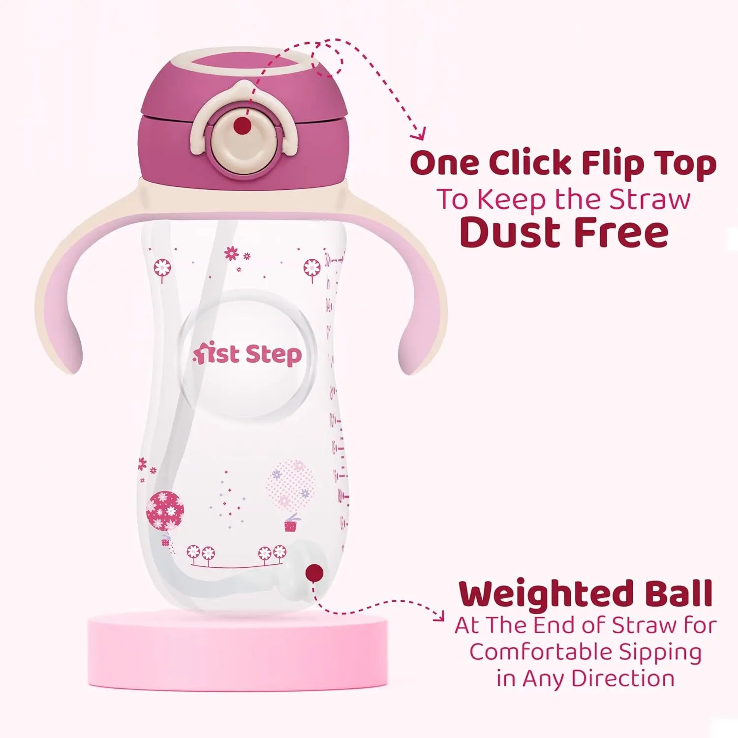 1st Step 330 ml BPA Free Anti-Spill Soft Silicone Weighted Straw Baby Sipper Cup with Twin Handle and Flip Top (6m+) - Pink 1st Step