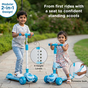 Toddler and child riding blue Mee Mee 2-in-1 scooter in sit-down and standing modes