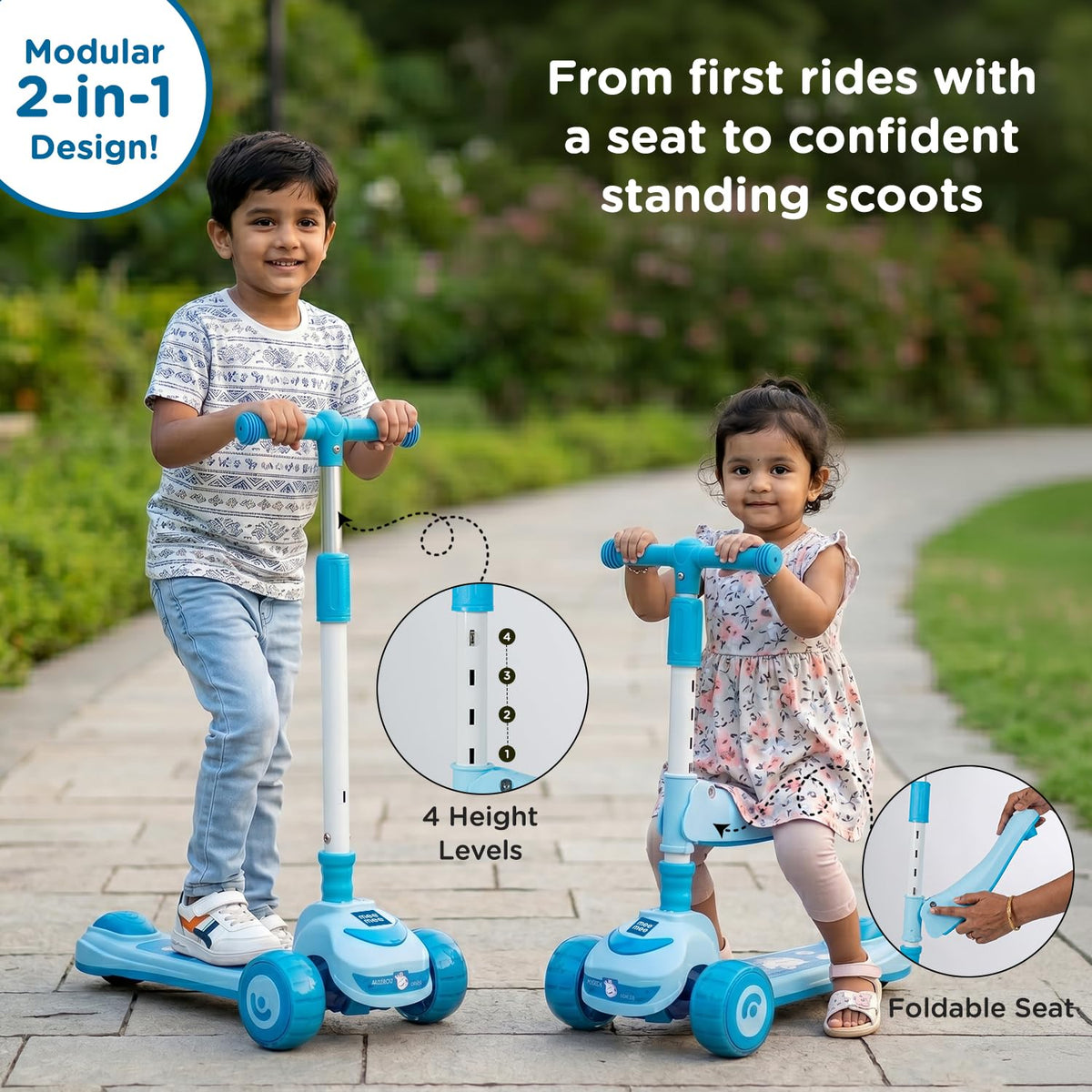 Toddler and child riding blue Mee Mee 2-in-1 scooter in sit-down and standing modes