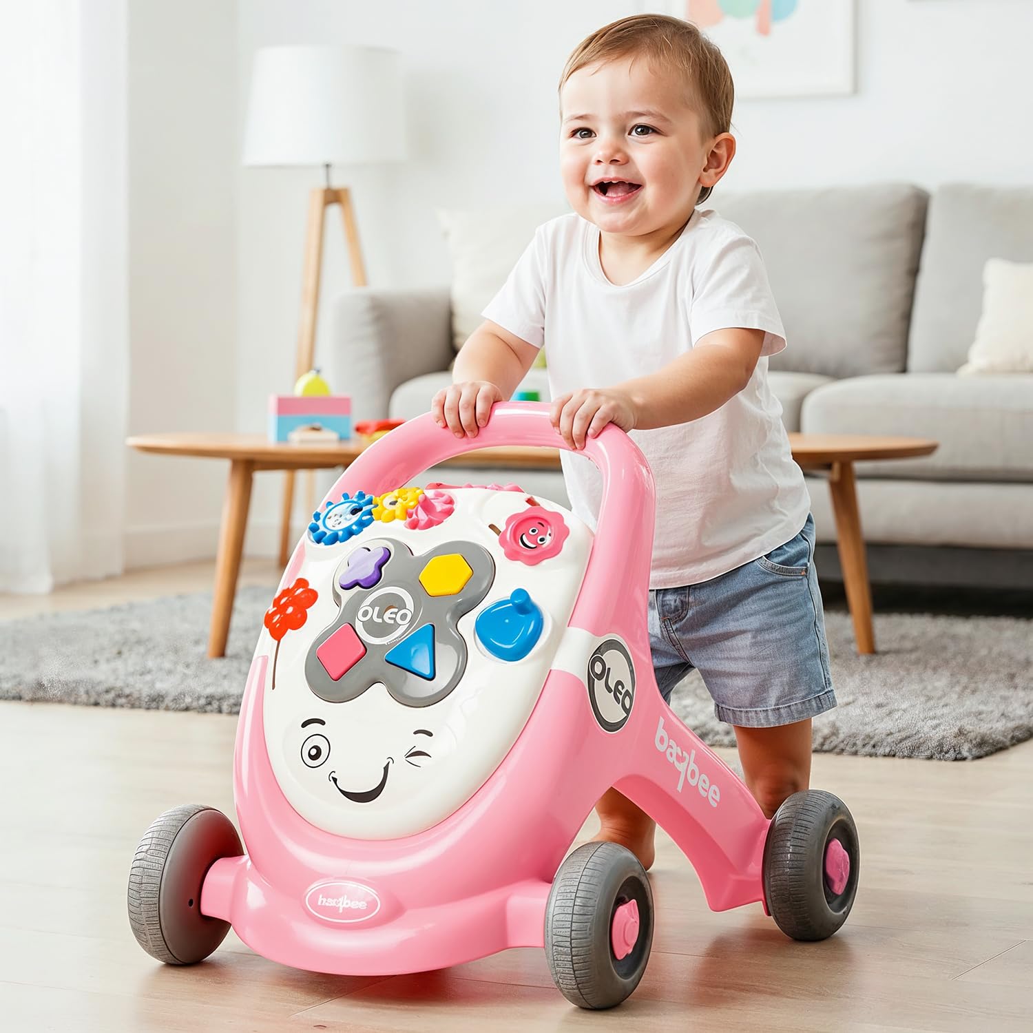 Baybee Oleo Baby Walker for Kids, Baby Activity Walker with Music, LED Light, Rotating Gears & Grip Push Handle | Kids Walker for Baby Toddlers | Baby Walker for 0 to 2 Years Boy Girl (Lite Pink)