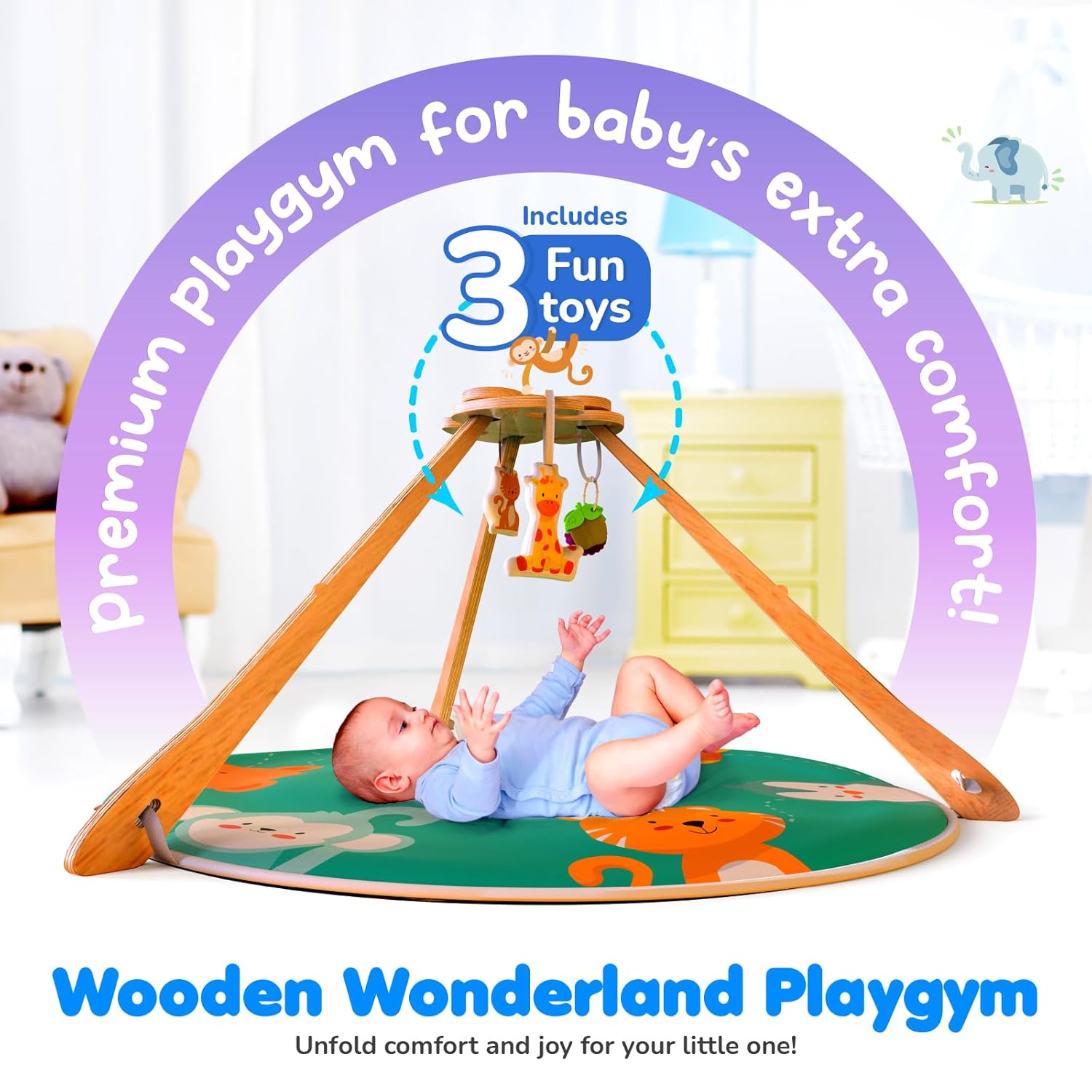 Giggles Funskool Wooden Wonderland Playgym, Animal Printed Soft & Comfy Activity Mat for Tummy Time, Fun & Development Toy for Babies, Multicolor, Gift Set for Kids, Age 2+ Months