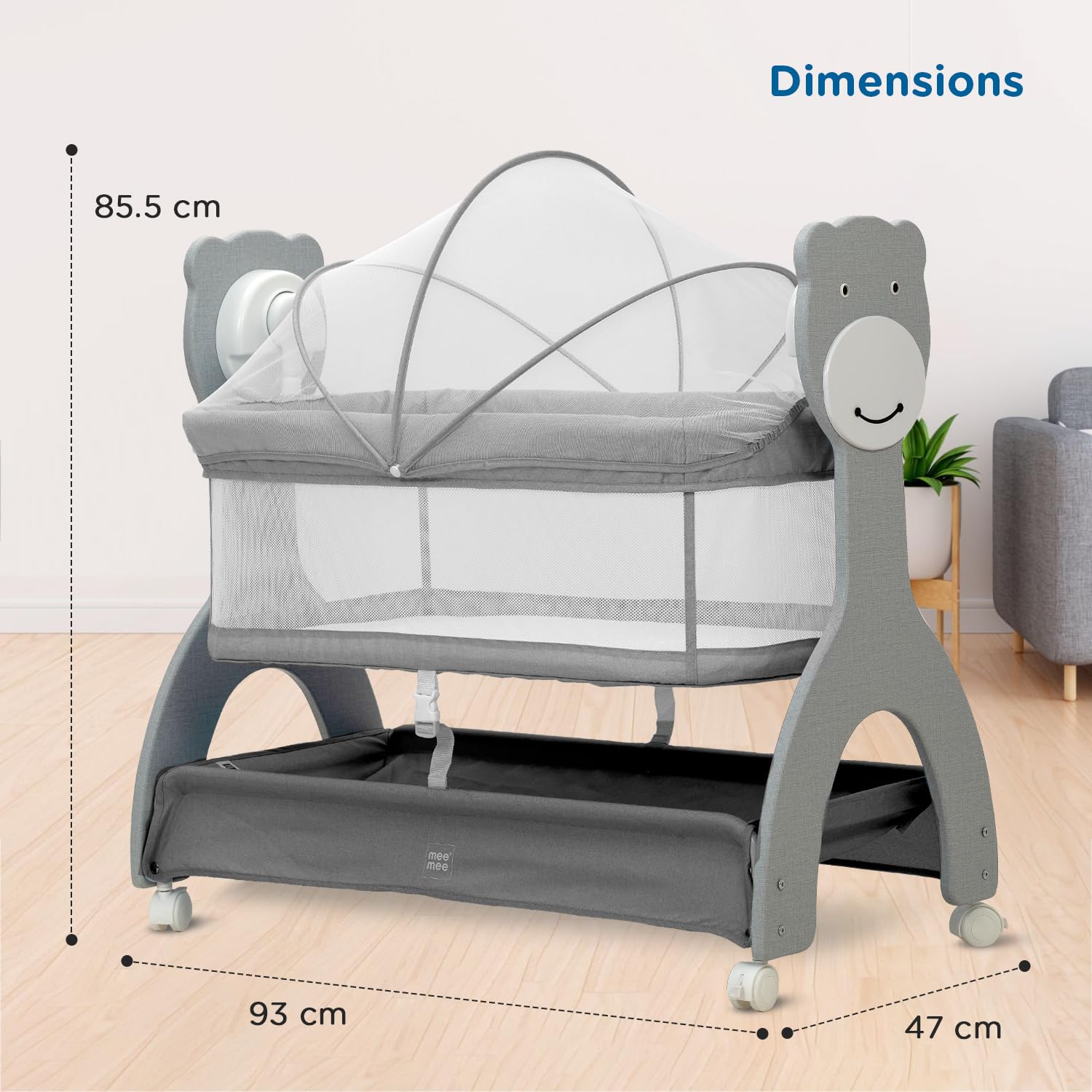 Mee Mee Sweet Love Automatic Electric Cradle for Baby | Remote Controlled 3 Gear Swing | Lightweight Baby Cot with Mosquito Net & Cot Mobile | Designed for 0-1.5 Years Kids | Carry Upto 15kgs (Grey)