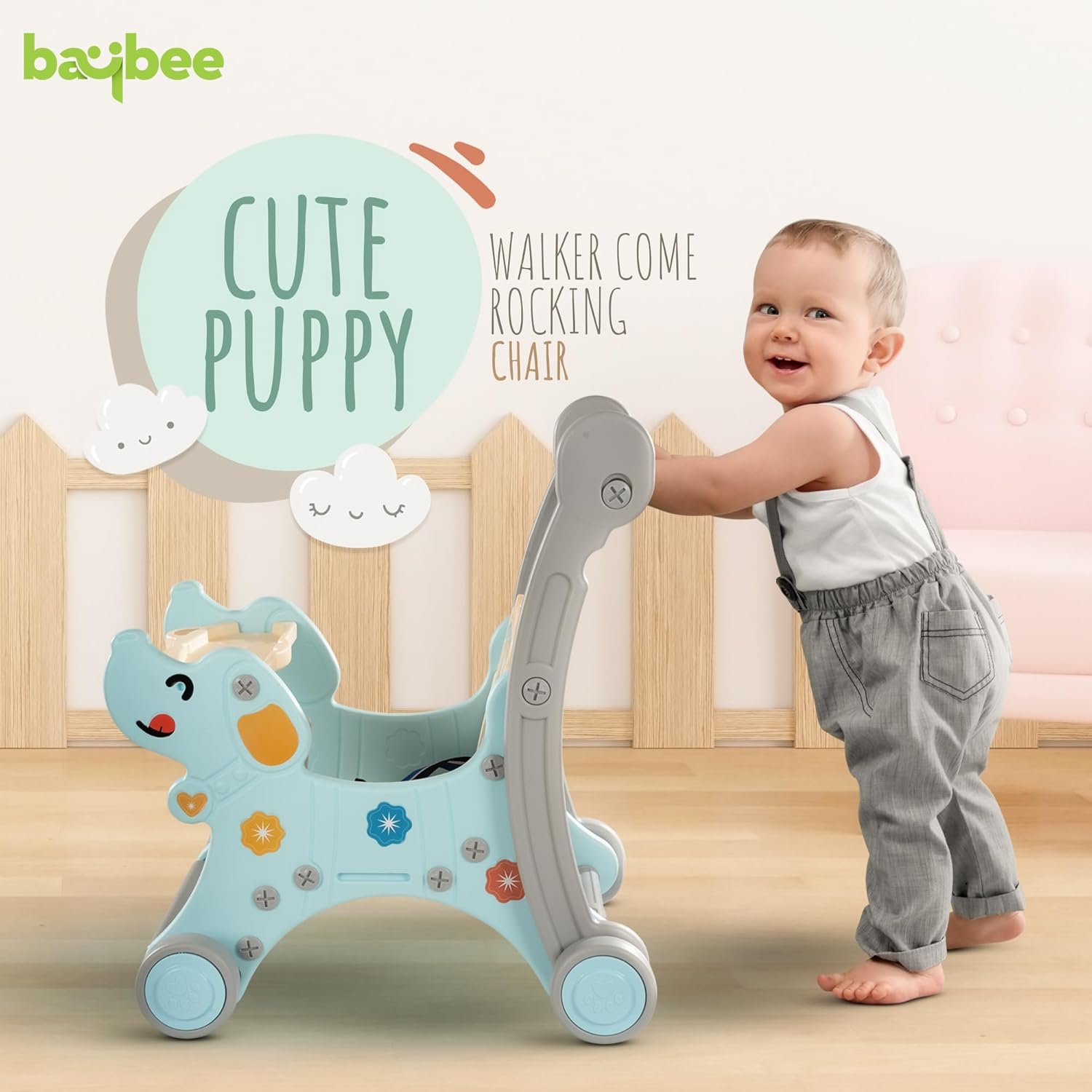 Playgro 2 In 1 Puppy Baby Rocking Chair For Kids|Baby Rocker Rider Toy For Kids With Food Tray, Seat Belt & Backrest|Baby Dining Rocking Chair For Babies Indoor Outdoor 12+months Boys Girls - Blue