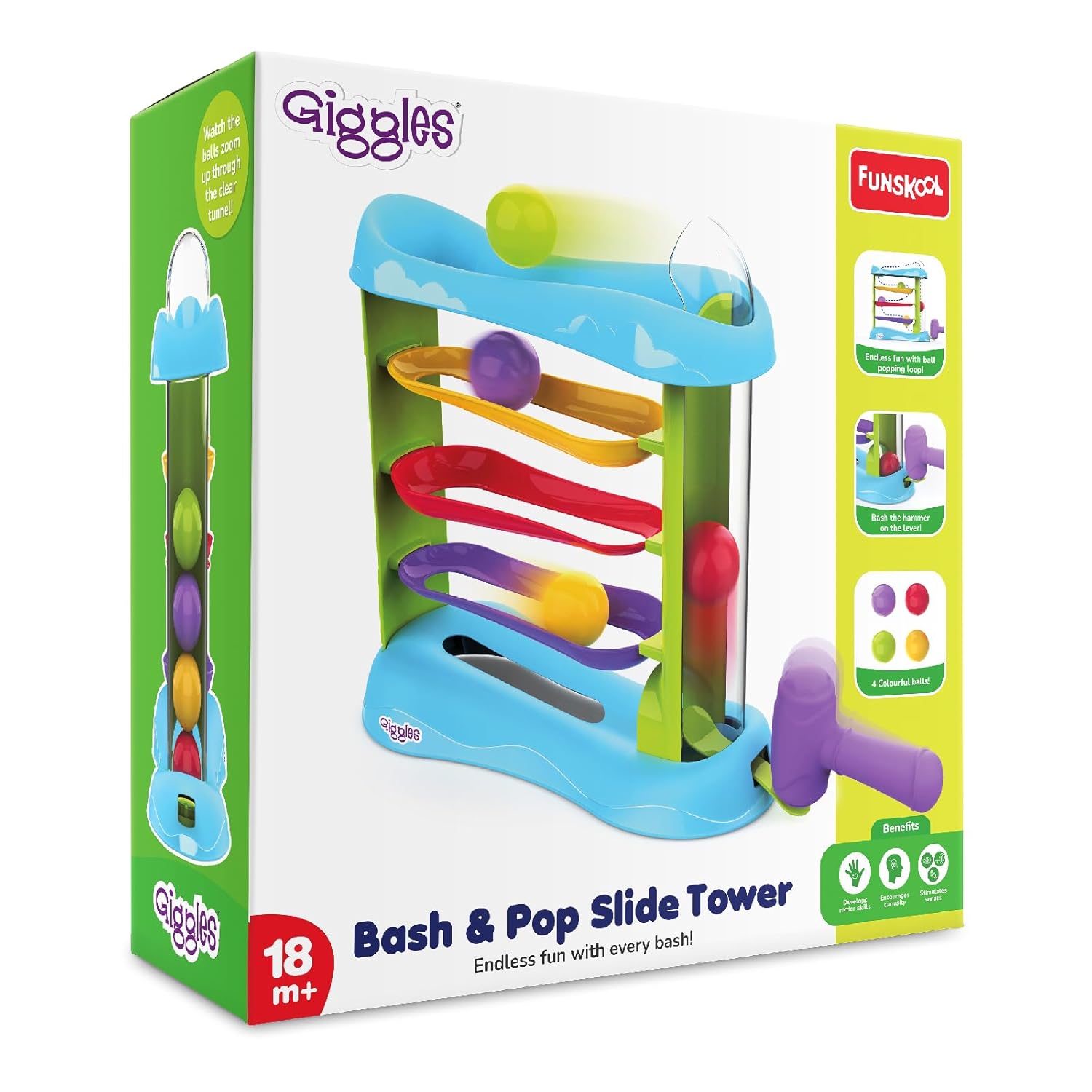 Funskool Giggles Bash & Pop Slide Tower, Hammer Toy with 4 Colorful Balls, Early Learning & Activity Toy for Kids 18 Months+, Motor Skills, Hand-Eye Coordination & Fun Playset for Toddlers