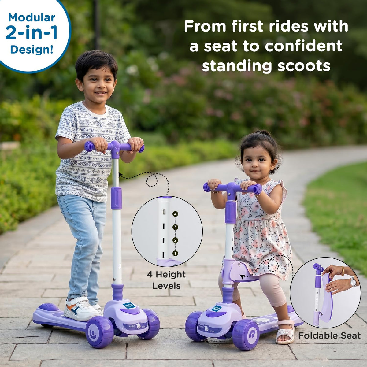 Toddler and child riding violet Mee Mee 2-in-1 scooter in sit-down and standing modes