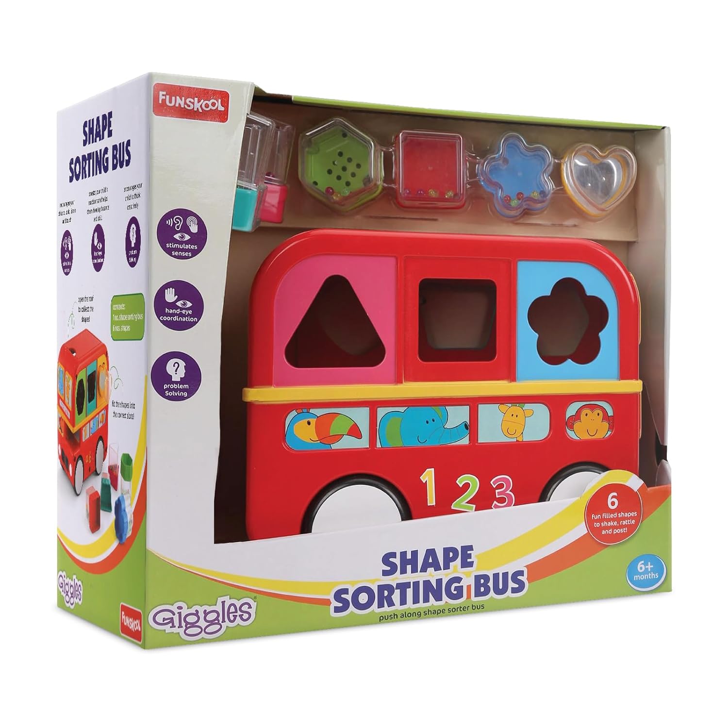 Giggles Funskool Shape Sorting Bus, Educational Push Along Toys for Kids, Encourages Learning & Development, Fun Activity for Babies, Gift Set for Kid, Age 6+ Months