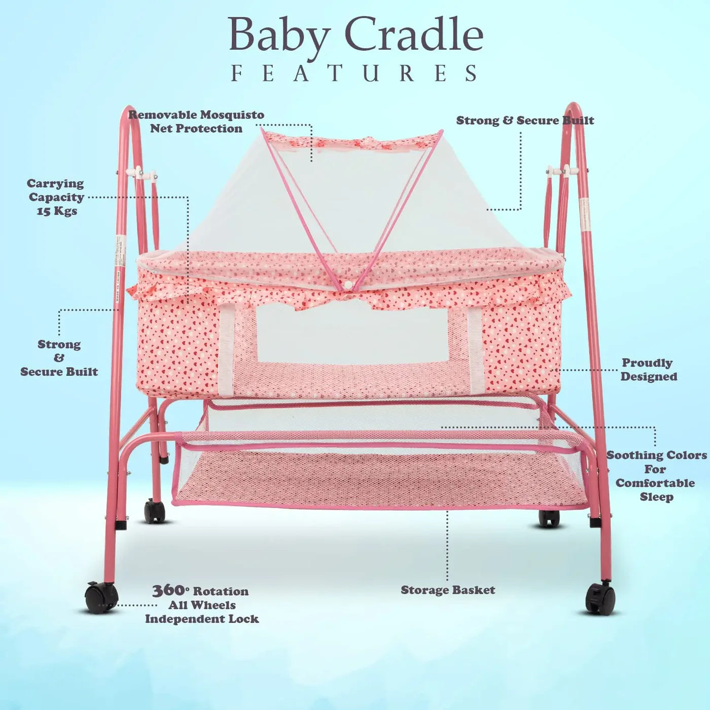 Baybee Enchant Baby Swing Cradle for Baby – Baby Cradle Swing Jhula with Mosquito Net, Storage Basket & Wheels | Newborn to 12 Months (Copy)