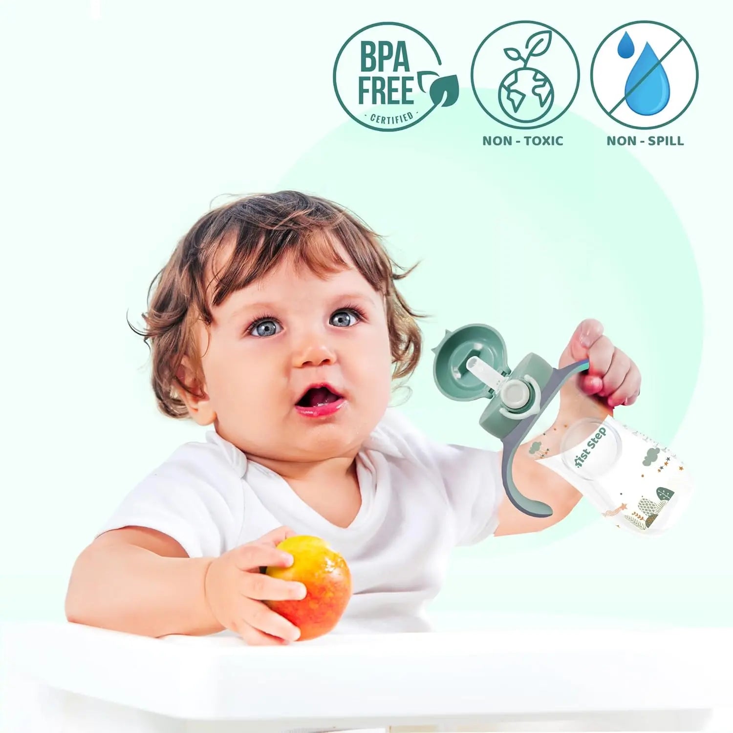 1st Step 330 ml BPA Free Anti-Spill Soft Silicone Weighted Straw Baby Sipper Cup with Twin Handle and Flip Top (6m+) - Green 1st Step