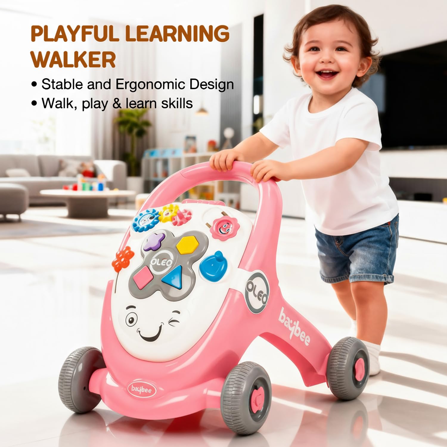 Baybee Oleo Baby Walker for Kids, Baby Activity Walker with Music, LED Light, Rotating Gears & Grip Push Handle | Kids Walker for Baby Toddlers | Baby Walker for 0 to 2 Years Boy Girl (Lite Pink)