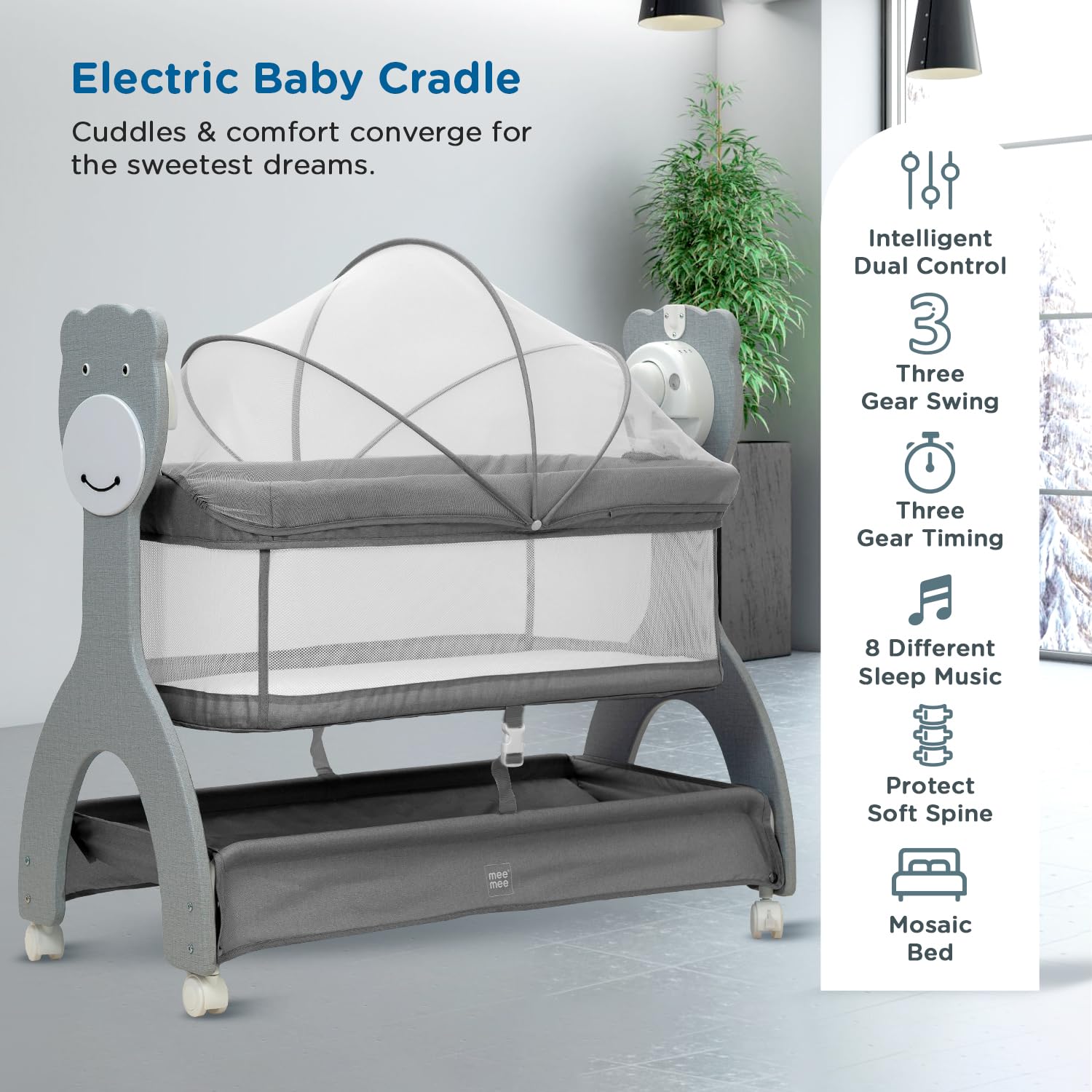 Mee Mee Sweet Love Automatic Electric Cradle for Baby | Remote Controlled 3 Gear Swing | Lightweight Baby Cot with Mosquito Net & Cot Mobile | Designed for 0-1.5 Years Kids | Carry Upto 15kgs (Grey)