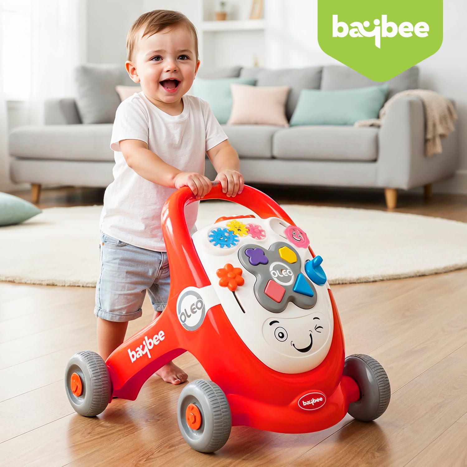 Baybee Oleo Baby Walker for Kids, Baby Activity Walker with Music, LED Light, Rotating Gears & Grip Push Handle | Kids Walker for Baby Toddlers | Baby Walker for 0 to 2 Years Boy Girl (Red)