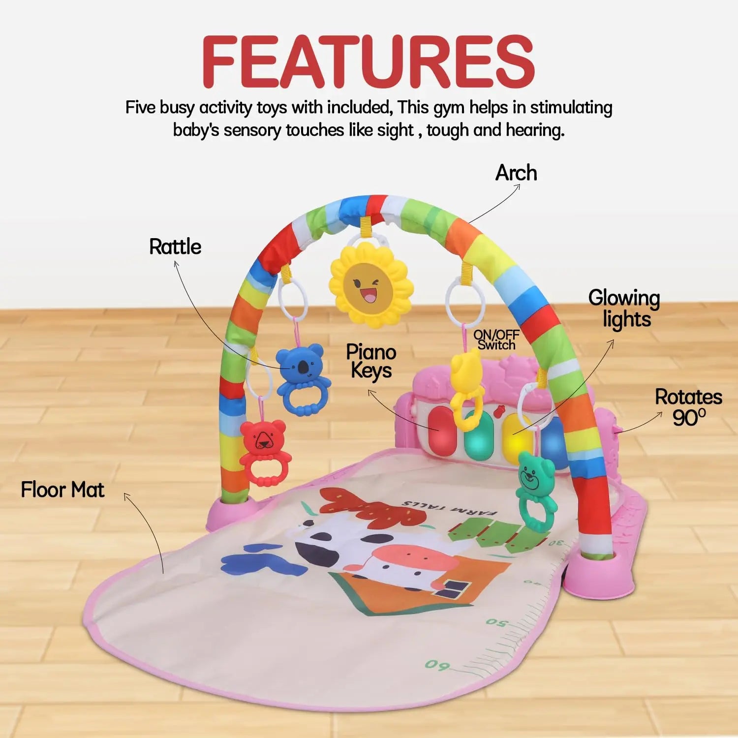 Baybee Piano Play Gym Mat for Babies, Activity Playgym for Baby with 5 Hanging Toys, Music & Lights | Playing Mat for New Born Baby | Indoor Play Gym for Babies 0 to 12 Months Boy Girl (Pink) baybee
