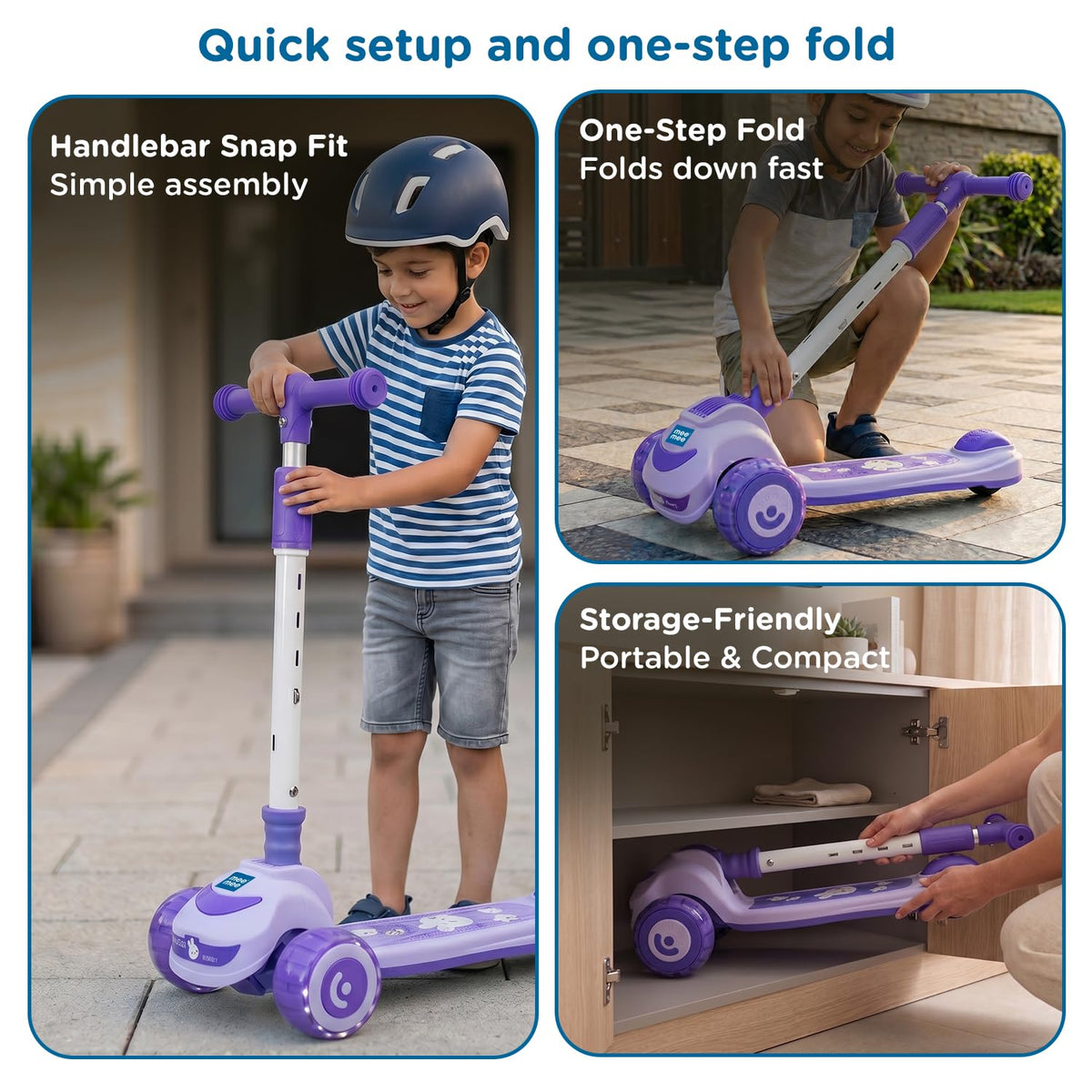 Violet Mee Mee kids scooter easy assembly and one-step fold for compact storage