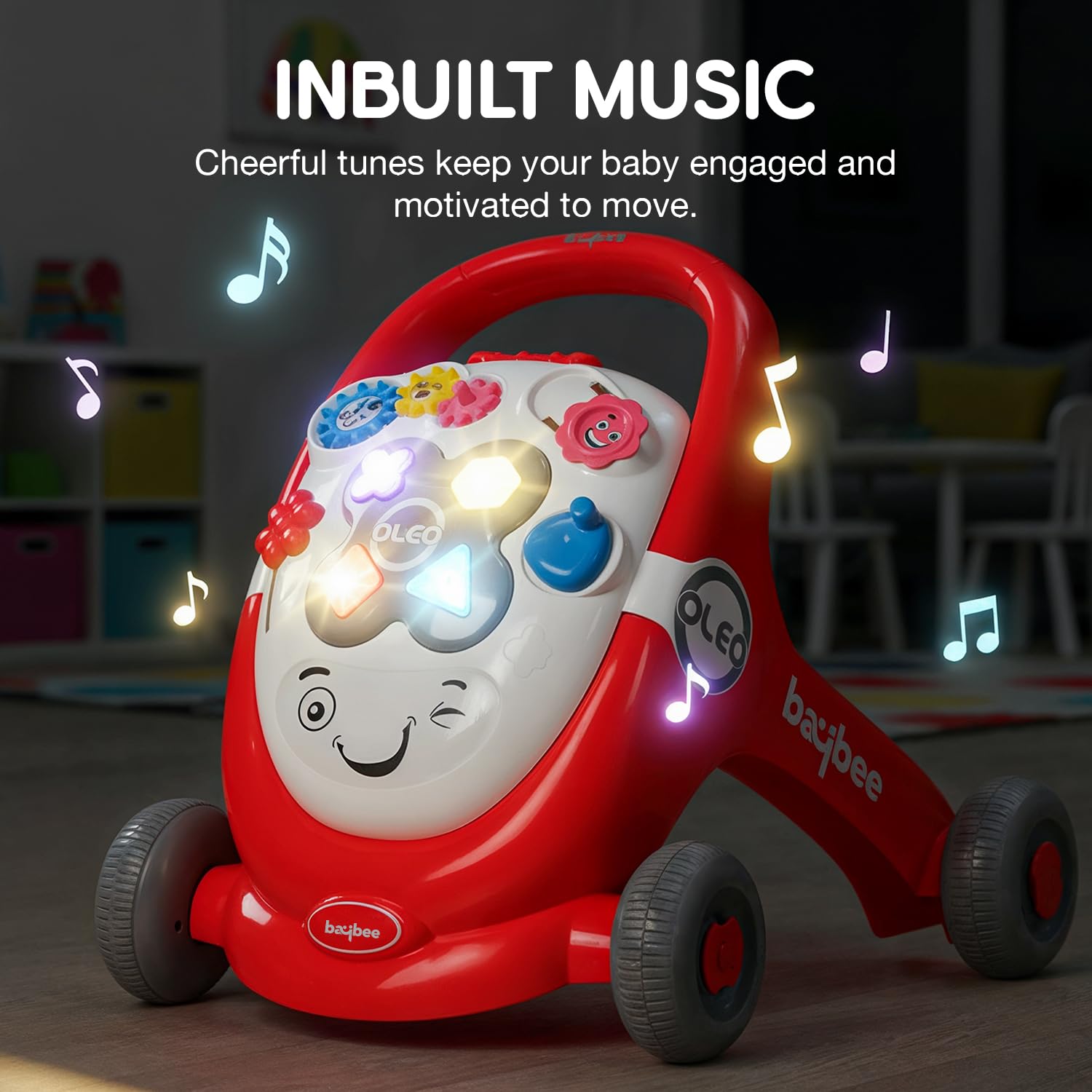 Baybee Oleo Baby Walker for Kids, Baby Activity Walker with Music, LED Light, Rotating Gears & Grip Push Handle | Kids Walker for Baby Toddlers | Baby Walker for 0 to 2 Years Boy Girl (Red)