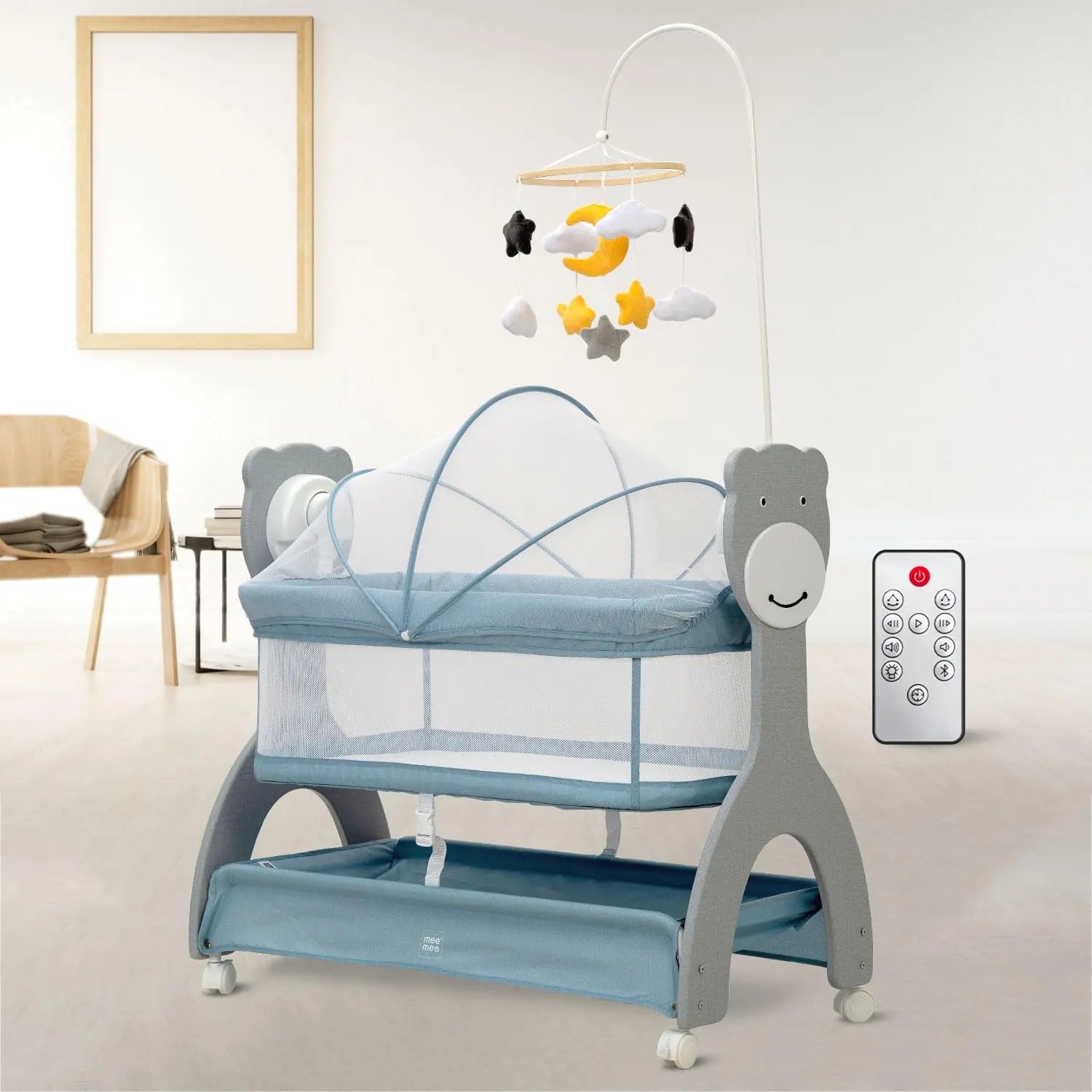Mee Mee Wood Sweet Love Automatic Electric Cradle/Bassinet for Baby | Remote Controlled 3 Gear Swing | Lightweight Baby Cradle with Mosquito Net & Cot Mobile | Designed for 0-1.5 Years Kids (Blue) Mee Mee