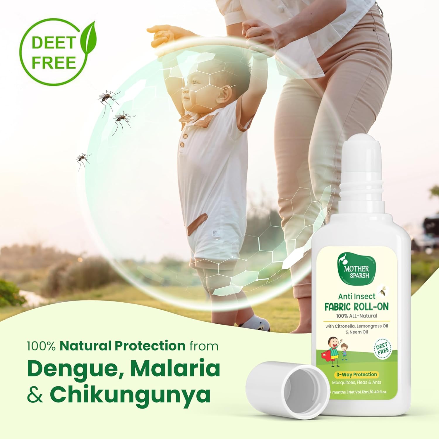 Mother Sparsh Natural Mosquito Repellent Fabric Roll-on for Babies-12ml, DEET Free 3-Way Protection from Mosquitoes, Fleas and Ants