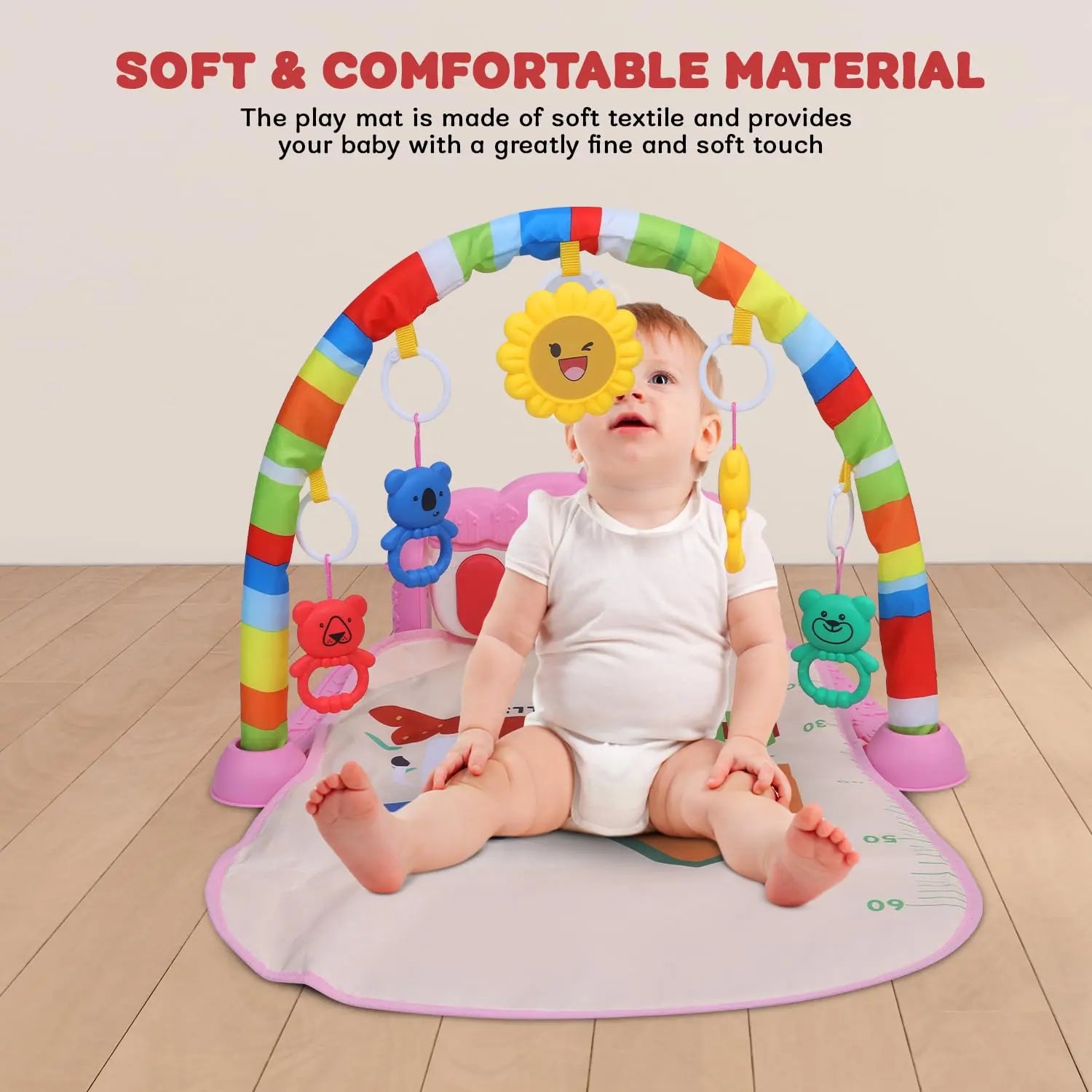Baybee Piano Play Gym Mat for Babies, Activity Playgym for Baby with 5 Hanging Toys, Music & Lights | Playing Mat for New Born Baby | Indoor Play Gym for Babies 0 to 12 Months Boy Girl (Pink) baybee