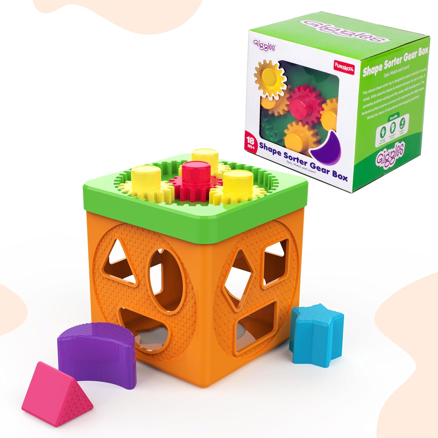 Giggles Funskool Shape Sorter Gear Box, Spin, Match & Learn with 4 Gears & 9 Multicolour Shapes, Fun Activity & Development, Educational Toy for Kids, Gift Set for Toddlers, Age 18+ Months