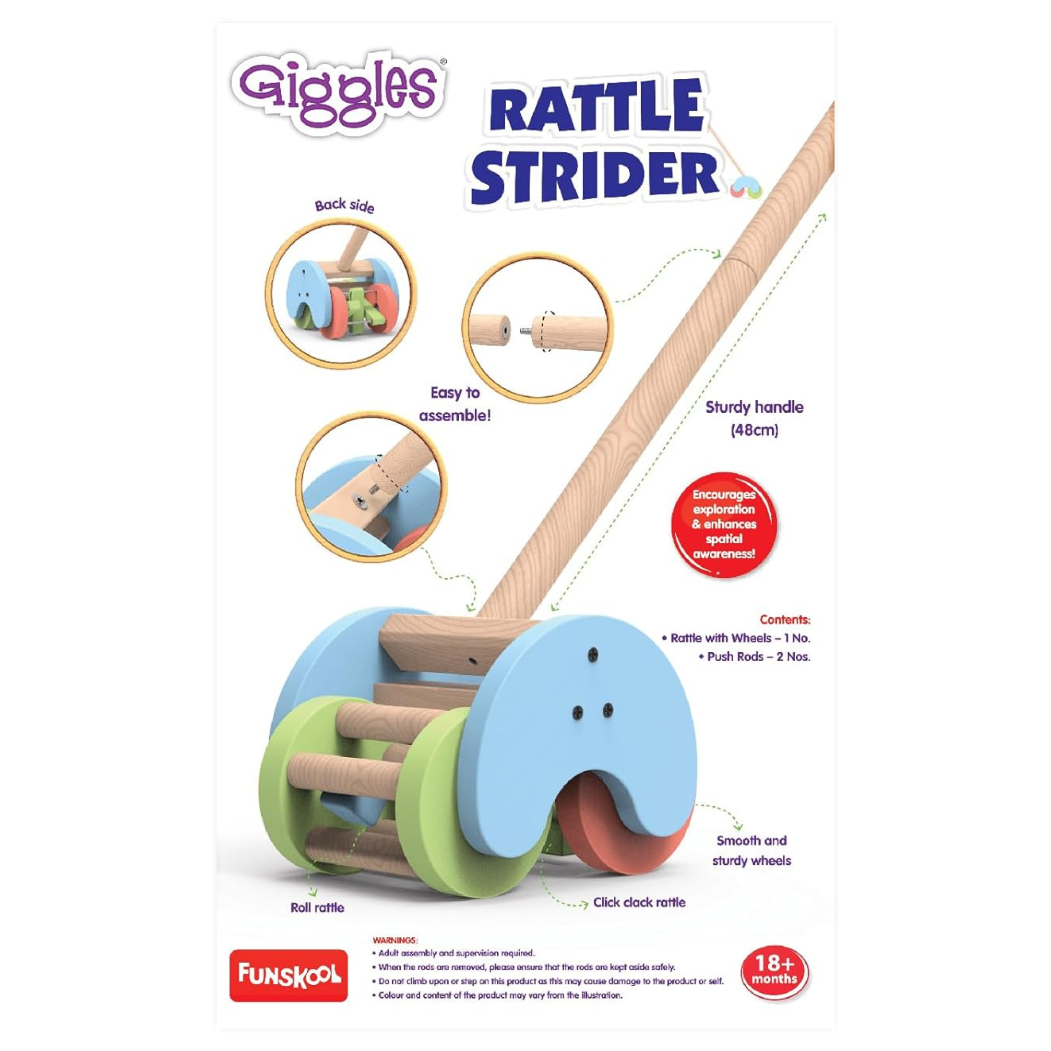 Funskool Giggles Rattle Strider Wooden,Push Along Toy, with Detachable Handle, Ideal for Toddlers, Playful Kid Toy, 18months and Above
