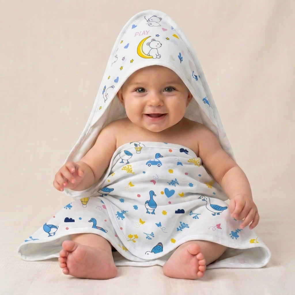 Muslin Baby Hooded Towel 75x75 cm – Ultra Soft Cotton Muslin Newborn Bath Towel with Hood | Lightweight, Breathable & Gentle