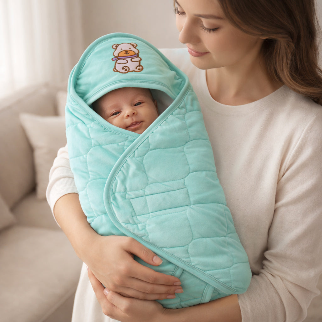 Newborn Baby Wrapper Blanket with Hood | Soft Padded Cotton Swaddle Wrap | Warm, Breathable & Comfortable Baby Wrap (0–6 Months)
