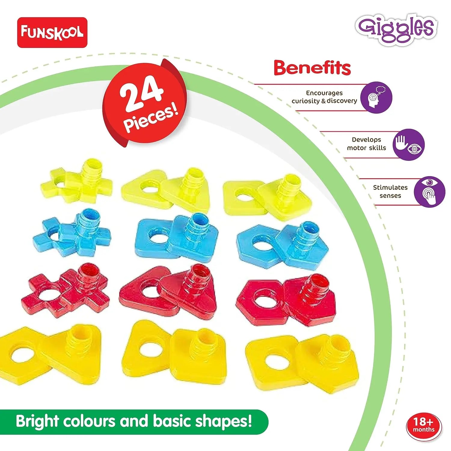 Giggles Funskool Giggles - Nuts And Bolts, Interlocking Educational Blocks, Shape & Colours, 18 Months & Above, Infant And Preschool Toys, Multicolor Giggles Funskool