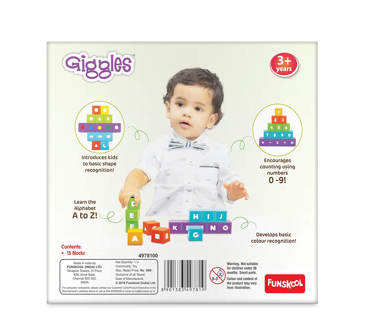 Funskool Giggles, Learning Blocks, Educational Blocks, Teaches Alphabet, Numbers, Shapes & Colours, 3 Years & Above, Preschool Toys, Multicolor