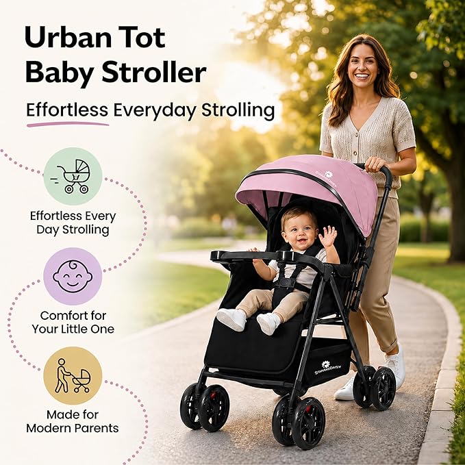 StarAndDaisy Urban Tot Baby Stroller with Reversible Handle | Foldable Baby Pram with Four-Wheel Brakes, Adjustable Canopy with Mosquito Net, Food Tray & Reclining Seat for Newborns to Toddlers