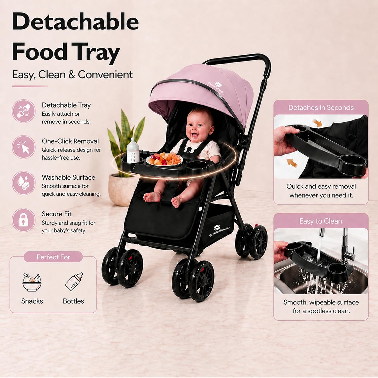 StarAndDaisy Urban Tot Baby Stroller with Reversible Handle | Foldable Baby Pram with Four-Wheel Brakes, Adjustable Canopy with Mosquito Net, Food Tray & Reclining Seat for Newborns to Toddlers