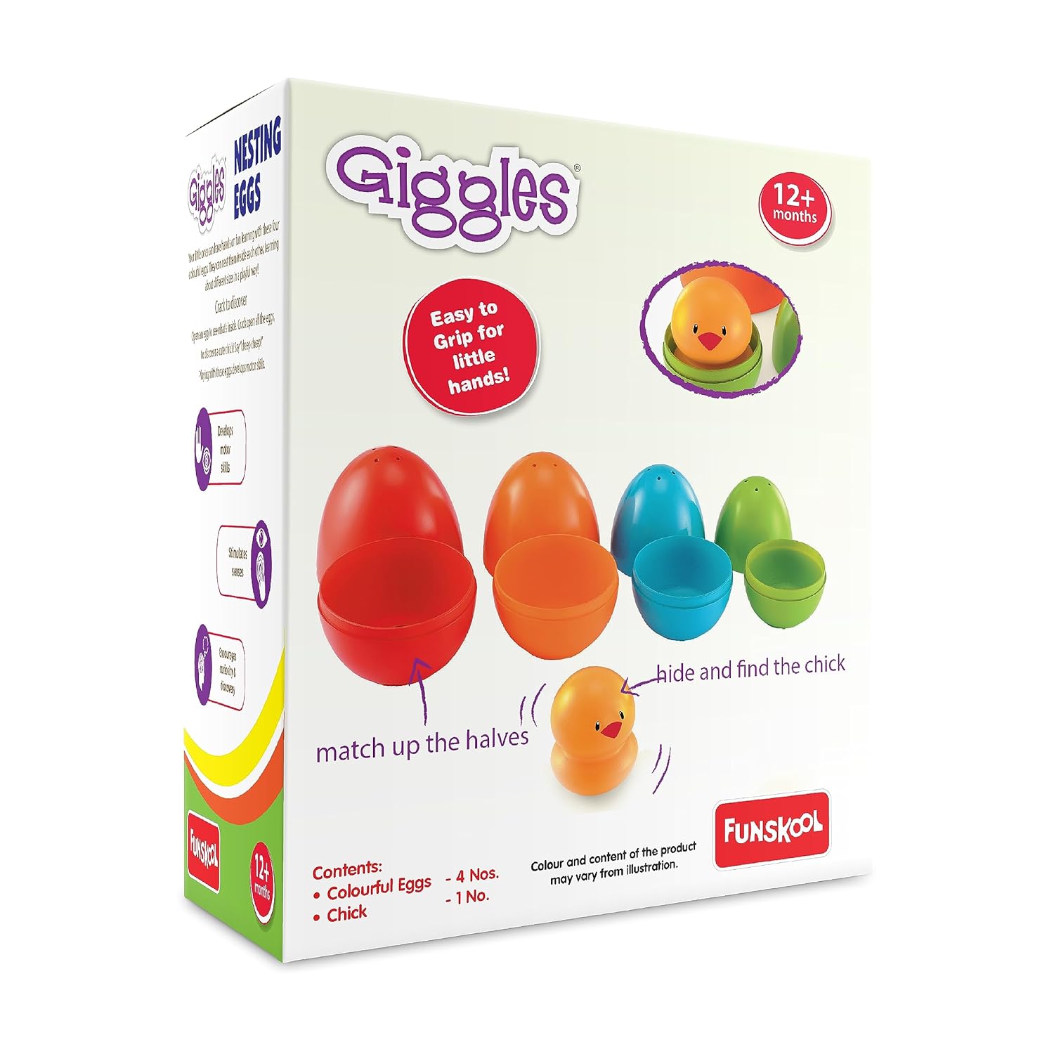 Giggles Funskool Plastic Eggs Nesting Toy With A Chick,Helps To Match, Nest And Discover,12 Months & Above, Infant And Preschool Toys, Multi Color Pack of 4 Pcs